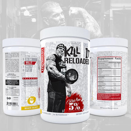 5% Nutrition Rich Piana Kill It Reloaded High Stim Pre-Workout | Ultra Energy, Focus, Pumps, Power & Endurance | Citrulline, Glycersize, Nitrosigine, Creatine, Choline, Huperzine a (Beach Blast)