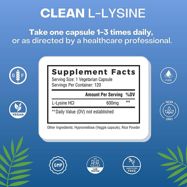 Clean L-Lysine 600Mg, 120 Capsules | Vegan, Non-Gmo, & Gluten Free