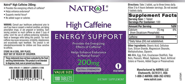 Natrol High Caffeine Tablets, Energy Support, Helps Enhance Endurance and Mental Focus, Caffeine Supplement, Fatigue, Pre-Workout, Extra Strength, 200Mg, 100 Count High Caffeine 100 Count (Pack of 1)