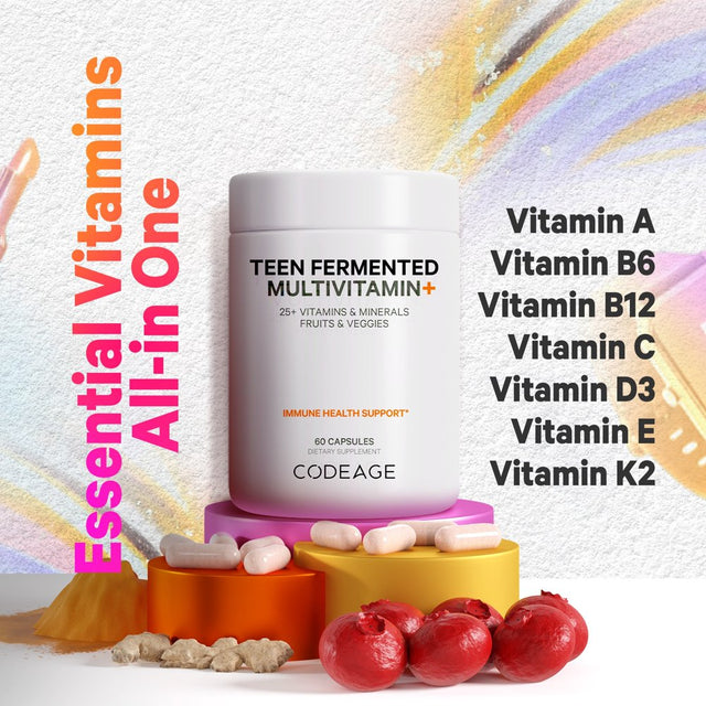 Codeage Daily Teen Multivitamin, 25+ Organic Whole Foods, Probiotics & Enzymes for Teenagers, Vegan, 60 Ct