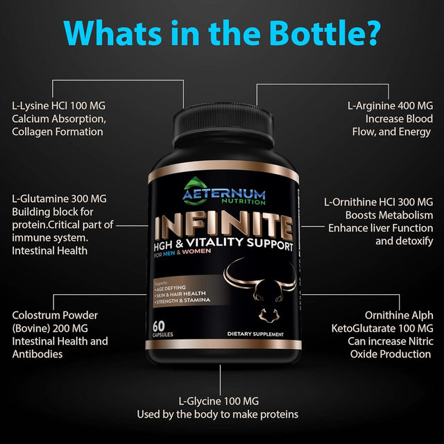 Infinite - HGH - Testosterone - Vitality Supplement-Includes Argnine-Glutamine, and More! Supports Strength, Stamina, Skin & Hair Health, Muscle Growth. for Men and Women 60 Capsules per Bottle.