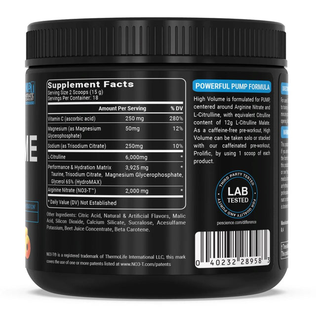 High Volume Supreme Nitric Oxide Matrix Caffeine-Free Pre-Workout - Paradise Cooler (8.9 Oz / 18 Servings)