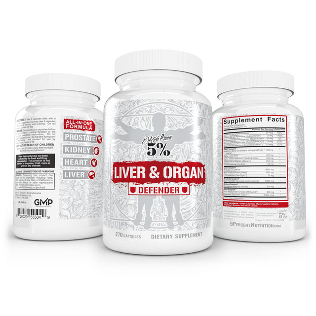 5% Nutrition Rich Piana Liver & Organ Defender Cycle Support plus NAC | Liver Support, Prostate Supplement, Heart, Kidney, Skin Support | Milk Thistle, Saw Palmetto, Hawthorn Berry (30-90 Servings)