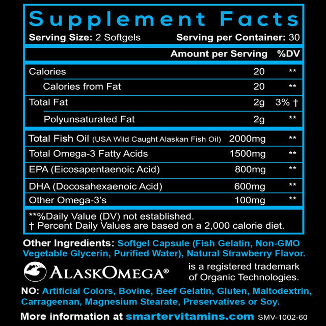 Smartervitamins TRIPLE STRENGTH Brain Support OMEGA 3 FISH OIL, Strawberry Flavor, Burpless, Tasteless, 2000Mg, TRIPLE DHA EPA BRAIN OMEGA'S, Joint Support, Made with Alaskomega®, Heart Support