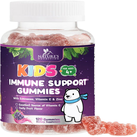 Kids Immune Support Gummies with Vitamin C, Zinc & Echinacea, Daily Childrens Immune Support Vitamin, Gluten Free & Non-Gmo Chewable Immune Support for Kids Gummy, Berry Flavored - 120 Gummies