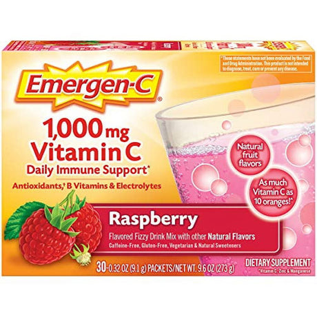 Emergen-C 1000Mg Vitamin C Powder, with Antioxidants, B Vitamins and Electrolytes, Immunity Supplements for Immune Support, Caffeine Free Fizzy Drink Mix, Raspberry Flavor - 30 Count/1 Month Supply