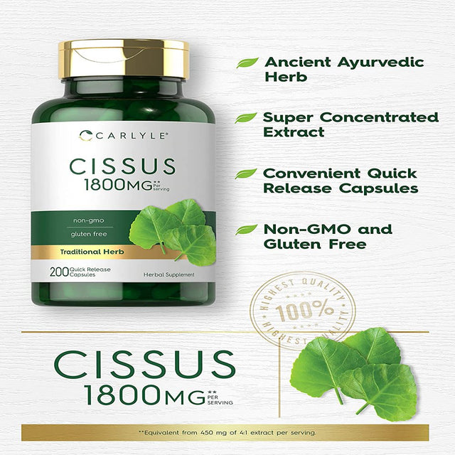 Cissus Quadrangularis Extract | 1800Mg | 200 Capsules | by Carlyle