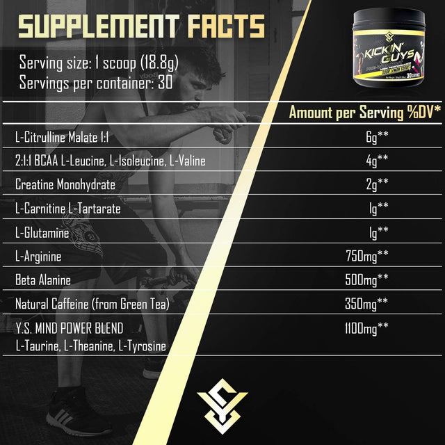 Kickin' Guys Pre Workout Powder Sports Nutrition Supplement - Explode Energy & Performance - Nitric Oxide, BCAA, Creatine, L-Glutamine, Beta Alanine, Natural Caffeine, Citrulline, Amino 30 Servings