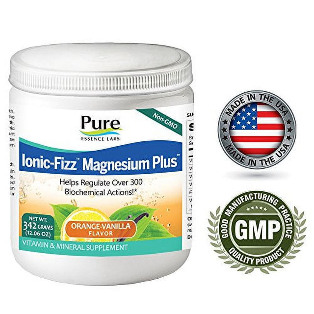 Pure Essence Labs Ionic Fizz Magnesium plus - Calm Sleep Aid and Natural anti Stress Supplement Powder - Orange Vanilla - 12.06Oz