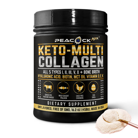 Peacock Max Collagen Powder Unflavored 5 Type Hydrolyzed Peptides Protein Keto MCT Oil Bone Broth Hyaluronic Acid Biotin Vitamin D E K 35 Servings 16 Oz W