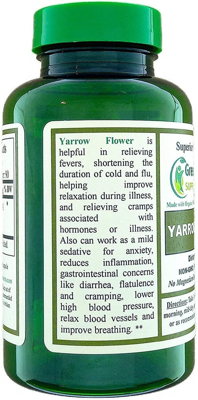 Yarrow Flower, 90 Vcaps, Non-Gmo, Gluten-Free, Green Organic Supplements (Single)