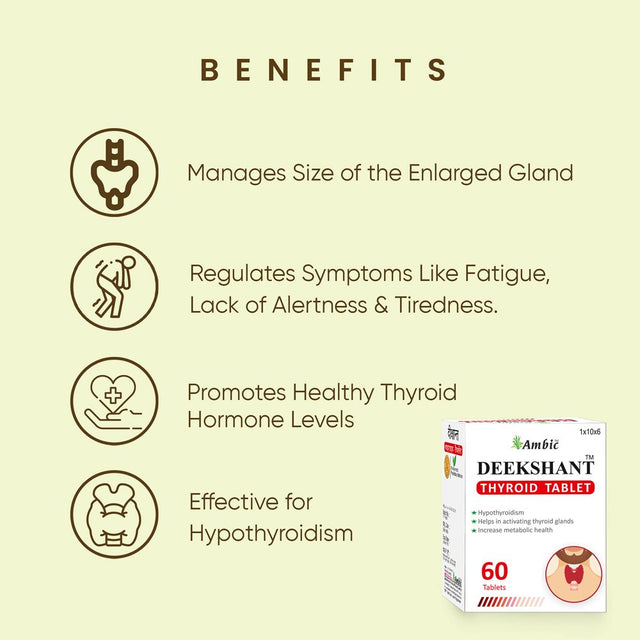 Ambic Deekshant Thyroid Ayurvedic Medicine for Hypothyroidism - 60 Tablets, Contains Goodness of Organic Selenium, Ashwagandha Ksm 66, Zinc, Haldi & Mulethi Makes It Best Thyroid S