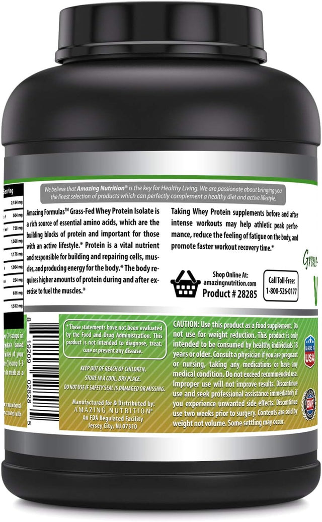 Amazing Formulas Grass-Fed Whey Protein Isolate - Unflavored 5 Lbs (2.26 Kg) - Non-Gmo - 25 G Protein - 81 Servings - 5.7 G Bcaas - 105 Calories