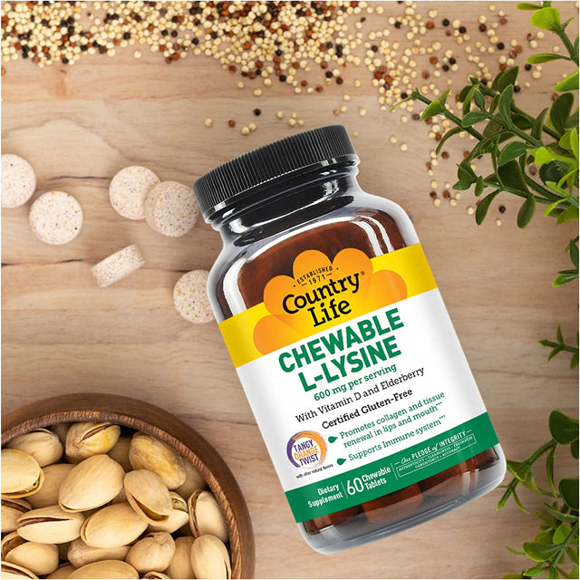 Country Life Chewable L-Lysine 600Mg - 60 Tabs - Supports Immune Health - Supports Natural Collagen Production - Vitamin D - Elderberry - Great Taste