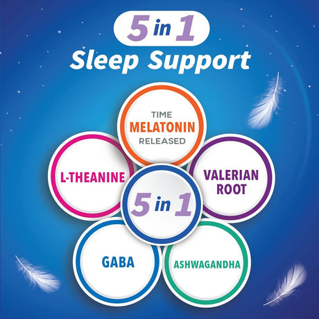 Qunol Sleep Support, 5 in 1 Non-Habit Forming Sleep Aid, Supplement with Time-Released Melatonin 5Mg, Ashwagandha, GABA, Valerian Root, L-Theanine, 30Ct Capsules