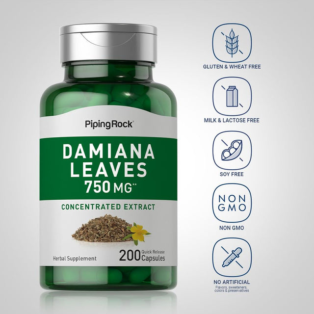 Damiana Leaves 750 Mg | 200 Quick Release Capsules | Non-Gmo, Gluten Free | by Piping Rock