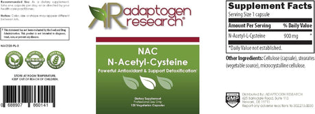 N-Acetyl-L-Cysteine 900Mg | NAC Supplement | Powerful Antioxidant | Supports Detoxification | Non-Gmo | 120 Vegetarian Capsules | Adaptogen Research