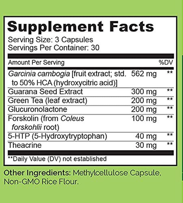 NATURELO Garcinia Cambogia + Guarana, Green Tea, Forskolin, 5-HTP – Thermogenic, Metabolism-Boosting Weight Management Blend - 90 Vegan Capsules