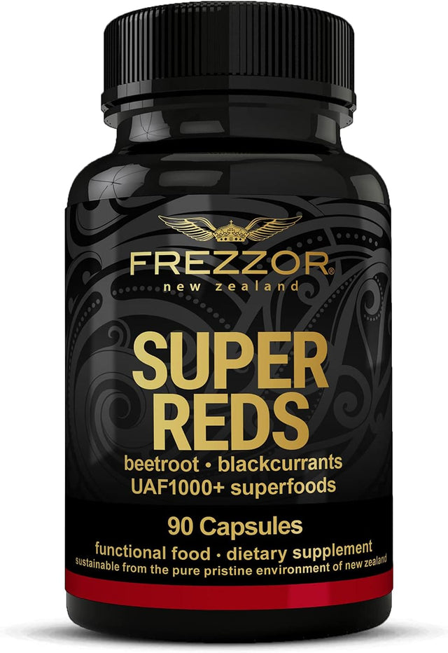 FREZZOR Super Reds Capsules with UAF1000+, All-Natural New Zealand Red Superfood Energy, Essential Red Fruits Veggies& Beets, Antioxidants, Enzymes, Energy Supplements, 90 Capsules, 1 Bottle