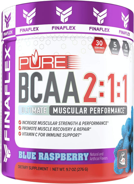 FINAFLEX Pure BCAA 2:1:1, Blue Raspberry - 9.7 Oz - Promotes Strength, Recovery & Performance - with 2:1:1 Ratio of Leucine, Isoleucine & Valine + Vitamin C - 30 Servings