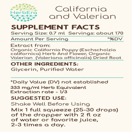 California and Valerian Alcohol-Free Herbal Extract Tincture, Super-Concentrated Organic (California Poppy Herb and Flower (Eschscholzia Californica), Valerian Root (Valeriana Officinalis)) 2X4 Oz