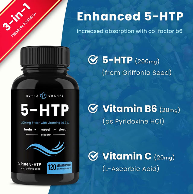 5-HTP 200Mg | 120 Vegan Capsules | 5 HTP Supplement to Support Stress Relief, Brain Health, Enhanced Mood, Sleep & Serotonin | Pure 5HTP 100Mg Pills plus Co-Factors Vitamin B6 & Vitamin C