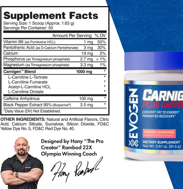 Evogen Carnigen plus Mango Lemonade | Carnitine + Caffeine Fat Burning Powder, Carnitine Tartrate, Acetyl-L-Carnitine, Carnitine Orotate, Carnitine Fumarate, Bioperine