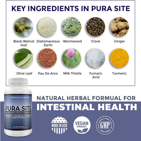 Miracles of Health Pura Site | Microbiome Cleanse & Intestinal Health Herbal Formula | 100% Natural Gut Health Supplement | Diatomaceous Earth, Black Walnut Hull, Wormwood | 2 Month Supply