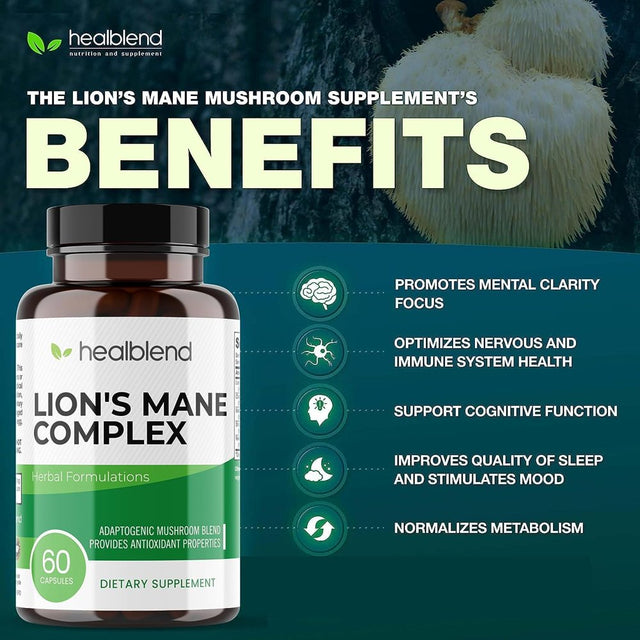 Healblend Lions Mane Mushroom Complex Capsules - Brain Supplement, Stimulates Mood, Memory and Creativity (60 Capsules)