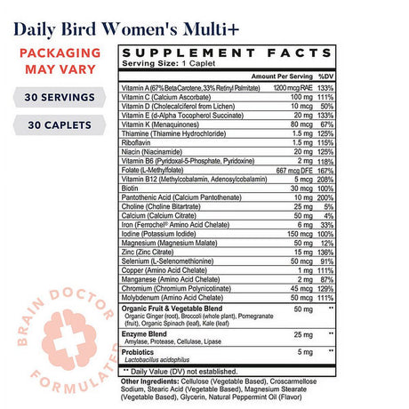 Best Nest Wellness Daily Bird Multi+, Natural Vegan Multivitamin for Women with Probiotics, B12, 30 Ct