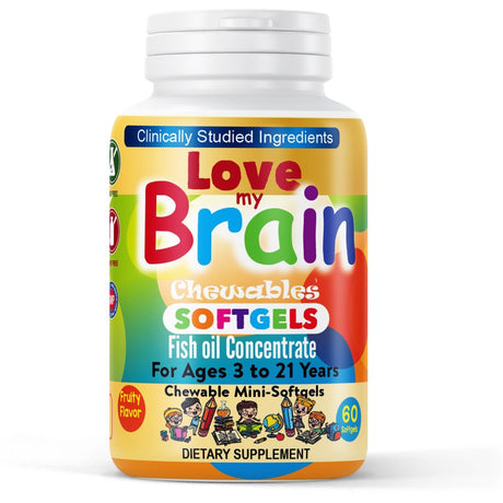 Love My Brain Kids Brain Focus Chewable Mini-Softgel, with DHA, EPA & Fish Oil Omega 3 6 9, Support Focus, Memory and Attention Kids & Teens- 60Ct