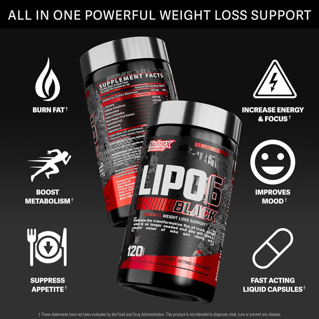 Lipo-6 Black Max Strength Fat Burner - Fast Acting Energy, Weight Loss Diet Pills – Research Backed Ingredients – Appetite Suppressant, Metabolism Booster for Weight Loss, 120 Capsules