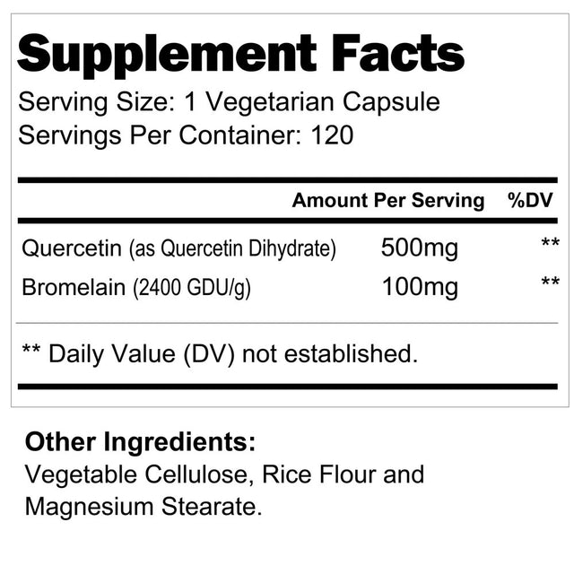 Quercetin 500 Mg with Bromelain 100 Mg - 120 Vegetarian Capsules