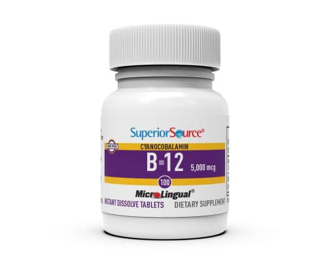 Superior Source No Shot Vitamin B12 Cyanocobalamin 5000 Mcg, Quick Dissolve Sublingual Tablets 100 Count, B12 Supplement to Increase Metabolism and Energy Production, Nervous System Support, Non-Gmo