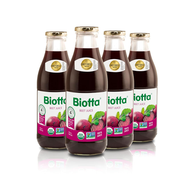 Biotta Organic Beet Juice - 100% Natural Beetroot Superfood - Helps Support Blood Pressure, Brain, Stamina & Energy - Natural Nitric Oxide & Potassium Booster - Gluten Free (32 Fl Oz, Pk of 4)