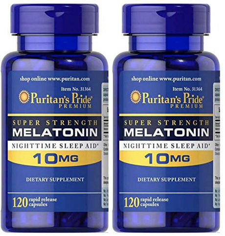 Melatonin by Puritan'S Pride, Nighttime Sleep Aid, Super Strength Rapid Release Capsules, 10Mg, 2 Bottles of 120 Capsules