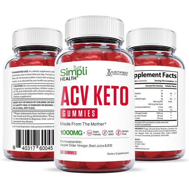 (3 Pack) Simpli Health Keto ACV Gummies 1000MG Dietary Supplement 180 Gummys