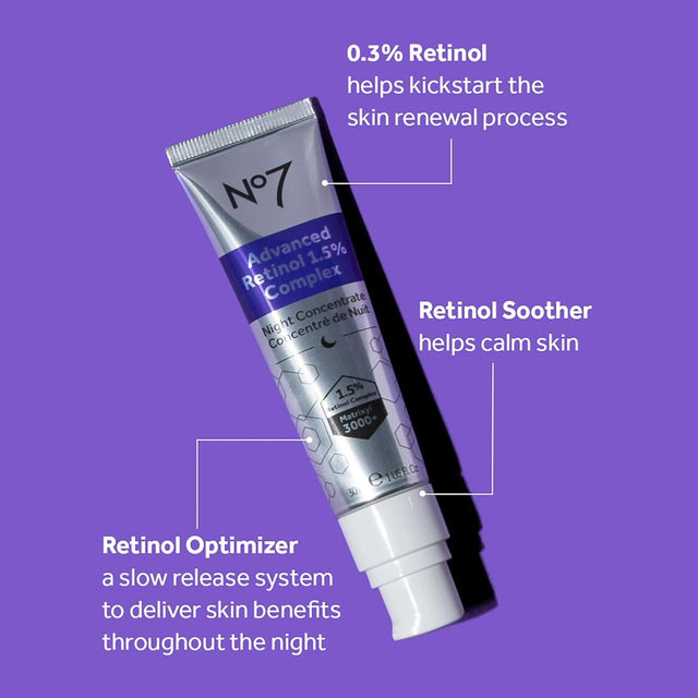 No7 Advanced Retinol 1.5% Complex Night Concentrate Serum with Collagen Peptides & Bisabolol, 1 Oz