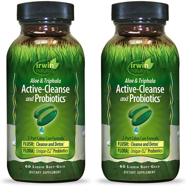 Irwin Naturals Aloe & Triphala Active Cleanse + Probiotics Natural Digestive Support - Gentle, Effective Detox + Elimination 2-Part Colon Care - Nourish + Balance - 60 Liquid Softgels (Pack of 2)