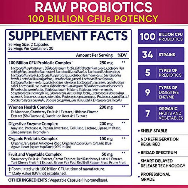 Dr. Formulated Raw Probiotics for Women 100 Billion Cfus with Prebiotics, Digestive Enzymes, & UT Support, Approved Women'S Probiotic for Adults, Shelf Stable Probiotic Supplement Capsules