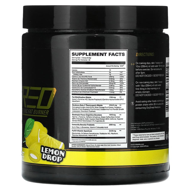 EHP Labs Oxyshred Hardcore Thermogenic Pre Workout Powder for Shredding - Preworkout Powder with L Glutamine & Acetyl L Carnitine, Energy Boost Drink - 150Mg of Caffeine - Lemon Sherbet, 40 Servings