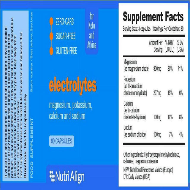 Nutri-Align Keto Electrolytes: Magnesium, Potassium, Calcium, Sodium. Maintain Healthy Electrolytes Balance for Smooth Keto Adaptation. Sugar-Free, Gluten-Free, Zero-Carb. 90 Capsules.