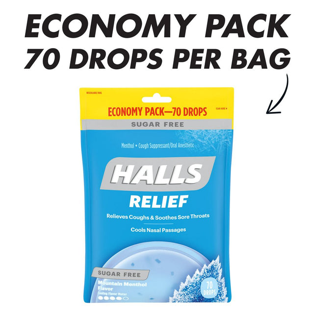 HALLS Relief Mountain Menthol Sugar Free Cough Drops, Economy Pack, 70 Drops