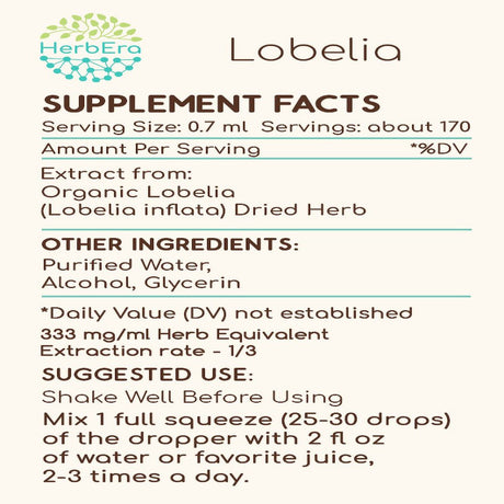 Lobelia Alcohol Herbal Extract Tincture, Super-Concentrated Responsibly Farmed Organic (Ban Bian Lian, Lobelia Inflata) Dried Herb 4 Oz