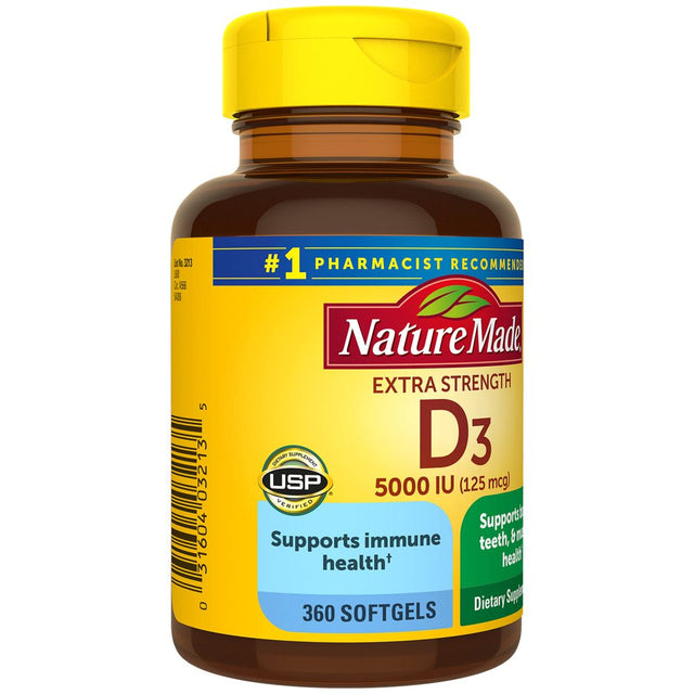 Nature Made Extra Strength Vitamin D3 5000 IU Softgels (125 Mcg), 360 Count for Bone Health? Value Size (Packaging May Vary)