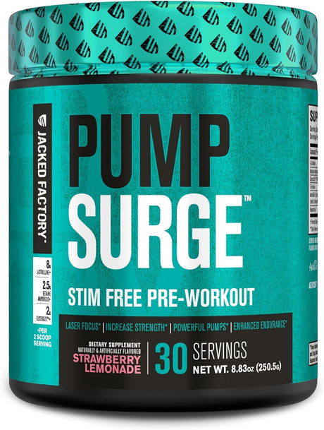 Jacked Factory Pumpsurge Caffeine Free Pre Workout for Men & Women - Stim Free Pre Workout Powder, NO Supplement & Nootropic Booster - Intense Pumps, Enhanced Focus - 30 Servings, Strawberry Lemonade