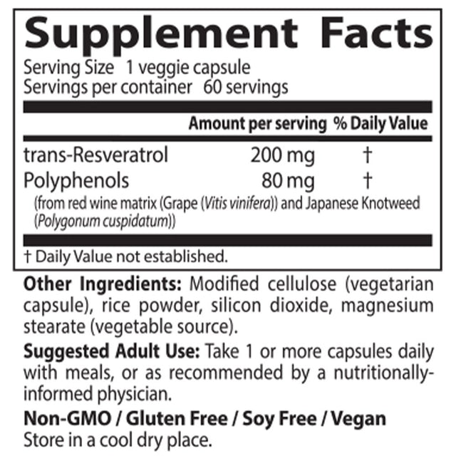 Doctor'S Best Trans-Resveratrol with Resvinol, Non-Gmo, Vegan, Gluten Free, Soy Free, 200 Mg, 60 Veggie Caps