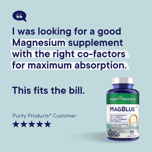 Magblue - Purity Products - High Efficiency Magnesium Bisglycinate Buffered + Vitamin D + Boron + Zinc + Purityblue Antioxidant Rich Wild Organic Blueberries - Talc Free - Easy to Swallow - 90 Tablets