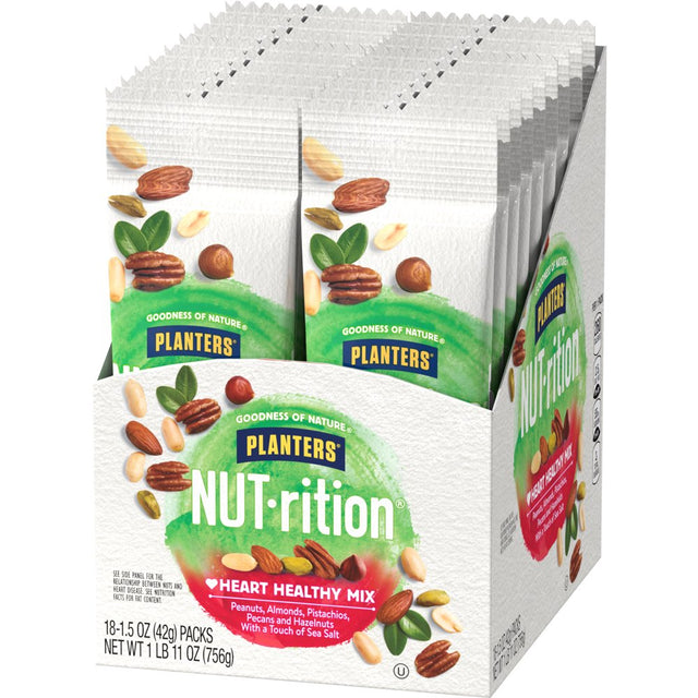 PLANTERS NUT-RITION Heart Healthy Mix with Peanuts, Almonds, Pistachios, Pecans, Hazelnuts & Sea Salt, 1.5 Oz Bag (Pack of 18)