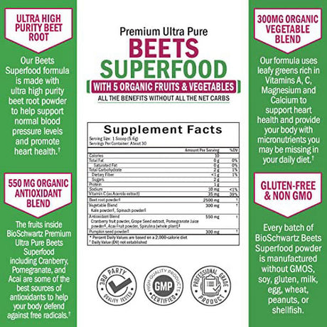 Beets Superfood Powder - Beet Root Powder with Vitamin C - with Organic, Antioxidant Rich Fruits & Vegetables - Boost Stamina - for Healthy Heart Support - Great Tasting & GMO Free - 30 Servings